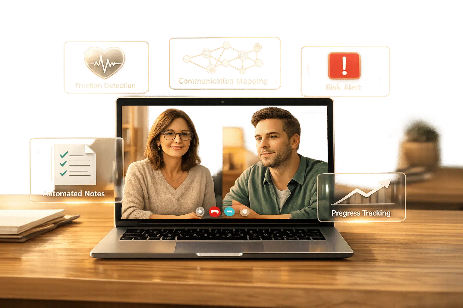 Telehealth counseling session with couple and icons illustrating emotion detection, communication mapping, risk alerts, and
