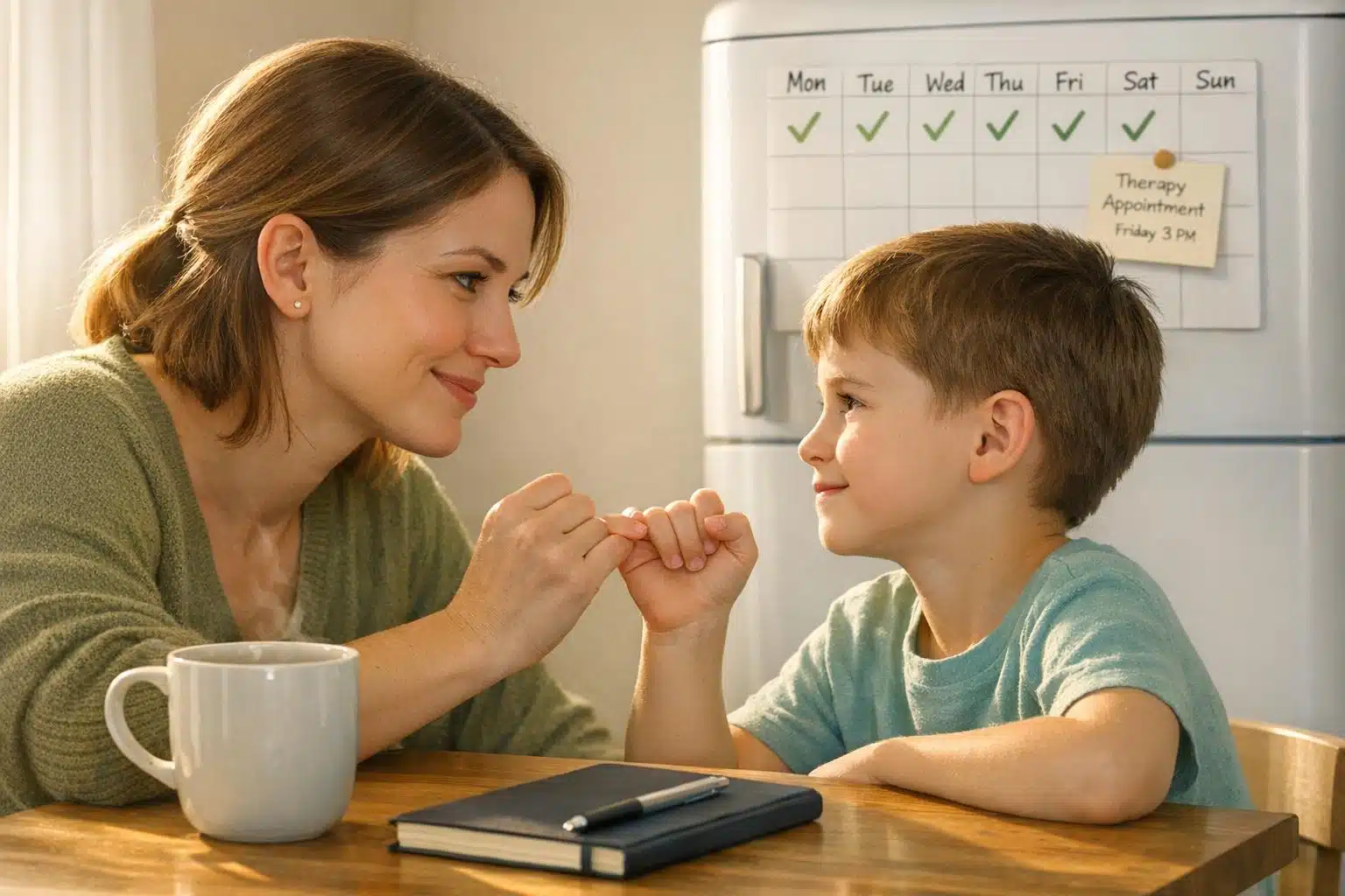 Mother and child holding hands, therapy appointment marked on calendar, supporting family recovery.