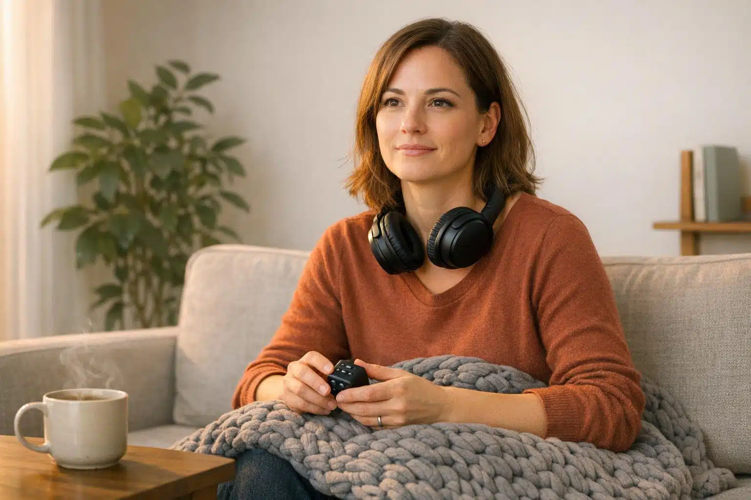 Woman with headphones and remote control, illustrating trauma recovery and family therapy support.