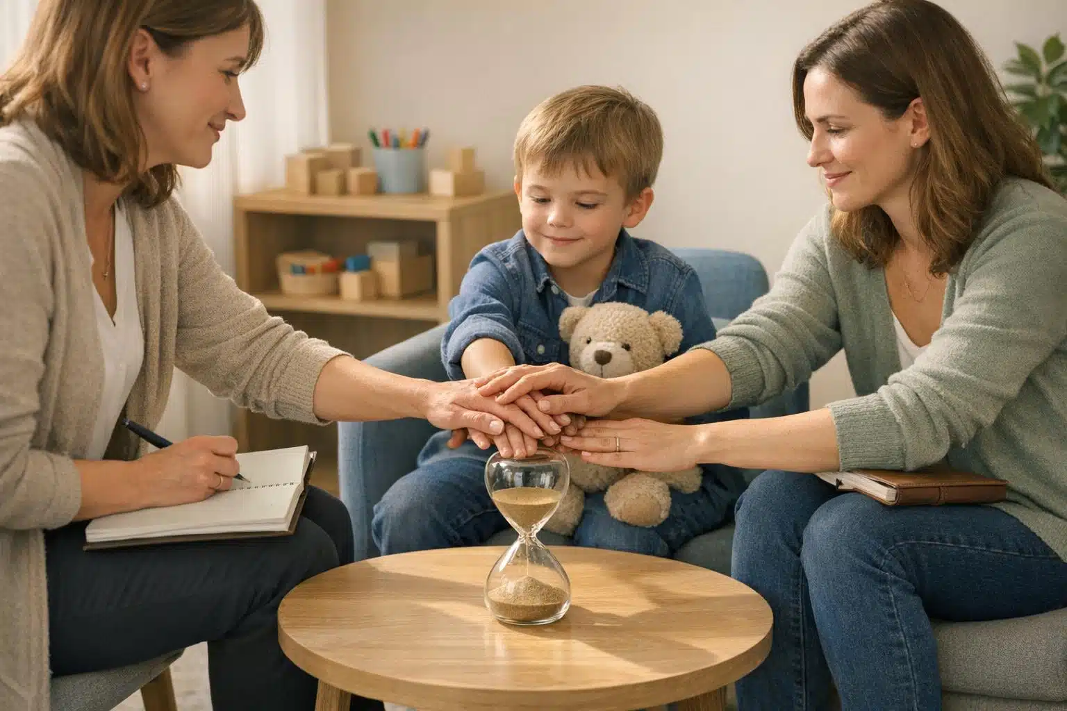 Family therapy session with therapist and parents supporting a child, illustrating trauma recovery and family