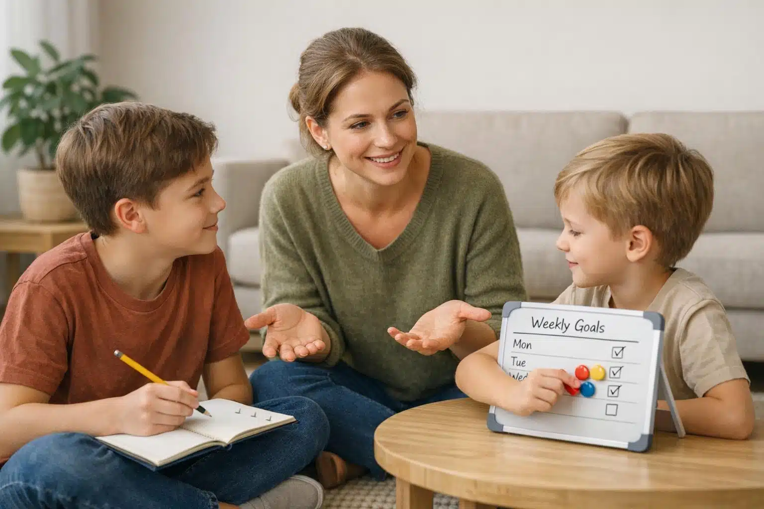 Mother and children with weekly goals checklist illustrating family resilience and parent coaching.