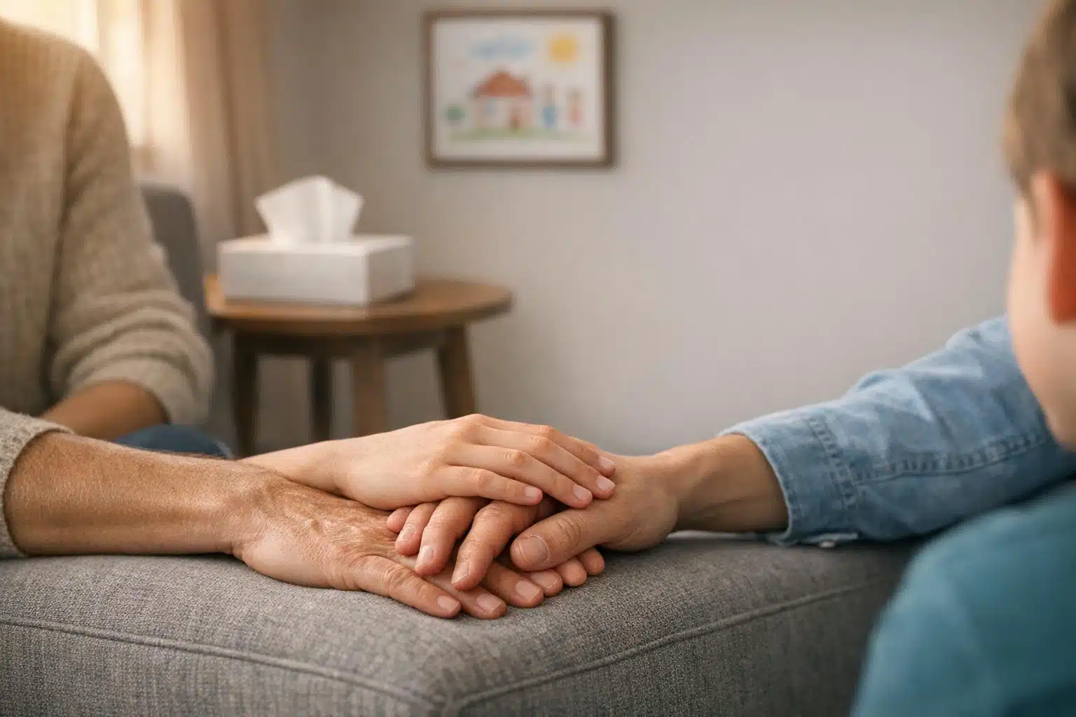 Therapist and child holding hands, illustrating family trauma recovery and supportive counseling.
