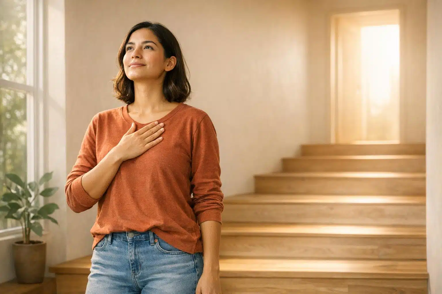 Woman looking upward, representing trauma recovery and rebuilding self-worth.