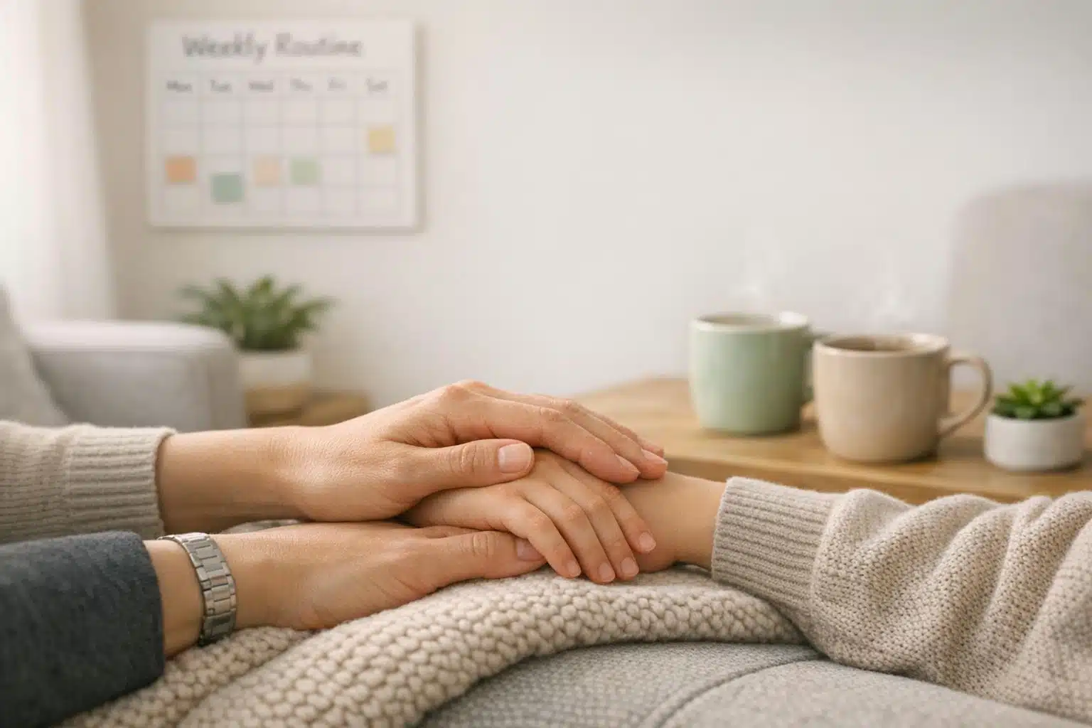 Weekly routine planner and supportive hands illustrating family resilience and trauma-informed care.