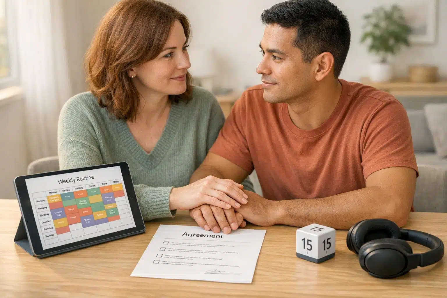 Couple discussing agreements and routines for neurodiverse relationships, tablet displaying schedule.
