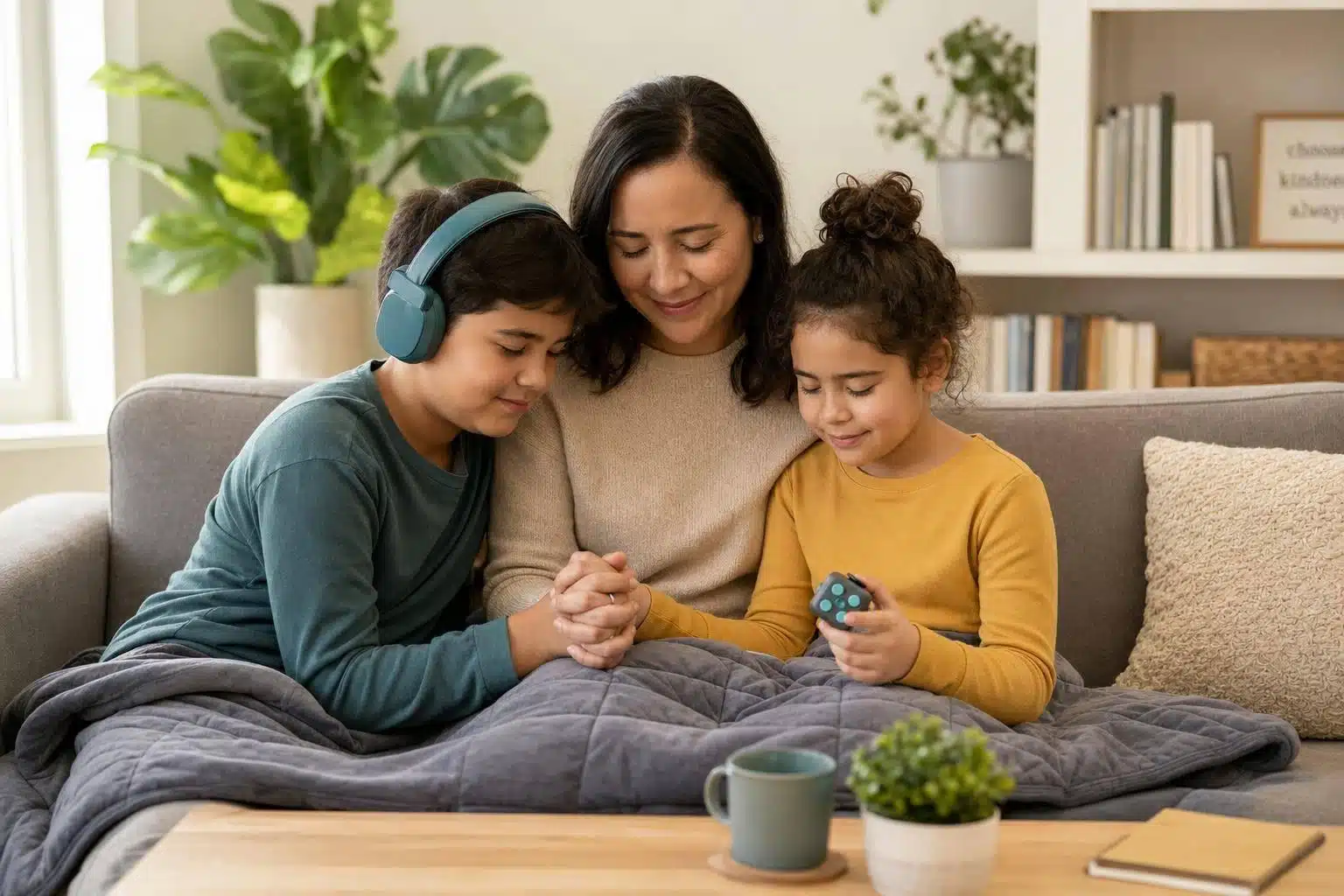 Mother and children praying together, neurodiverse family connection and support.