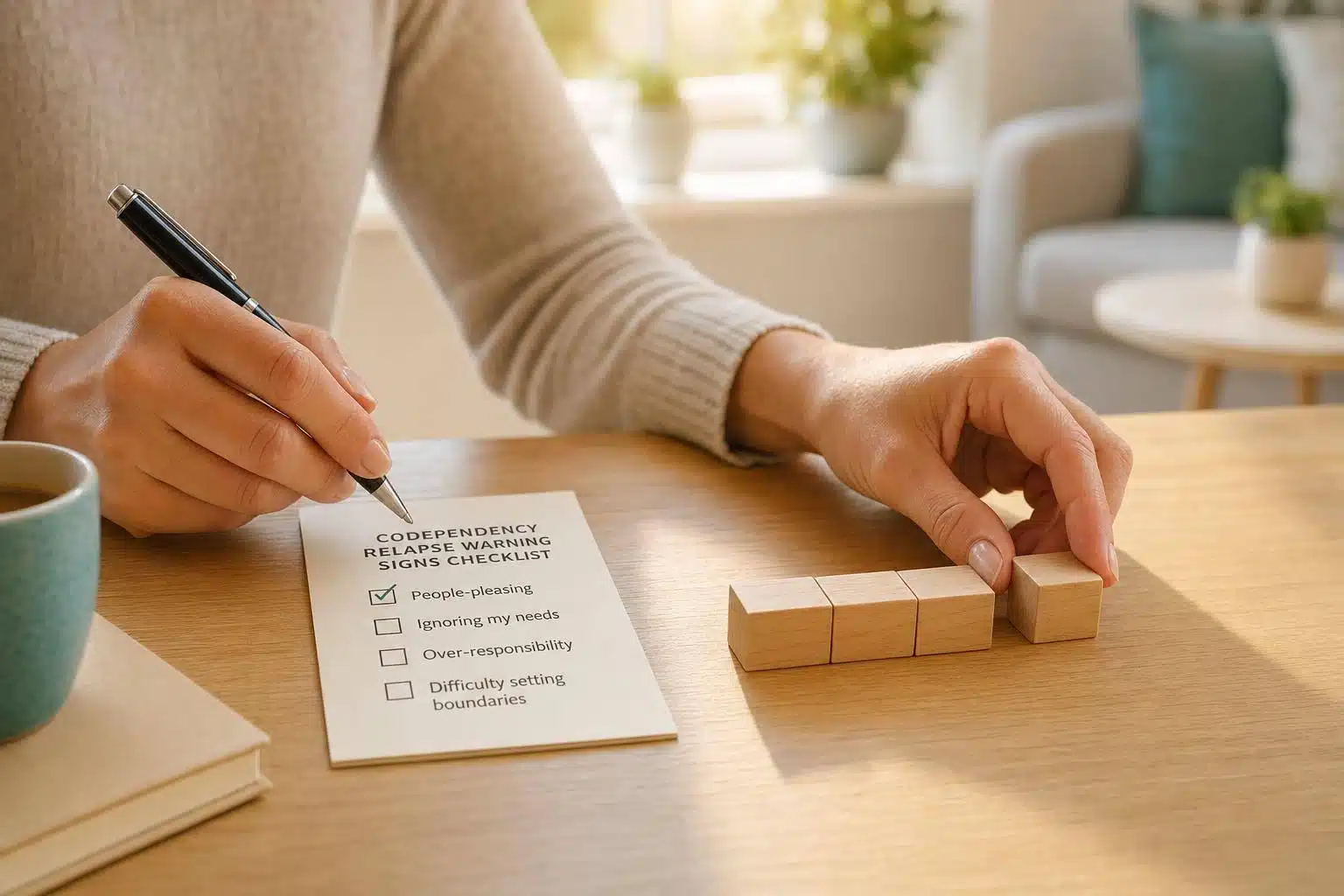 Woman checking codependency relapse warning signs checklist and boundary setting.