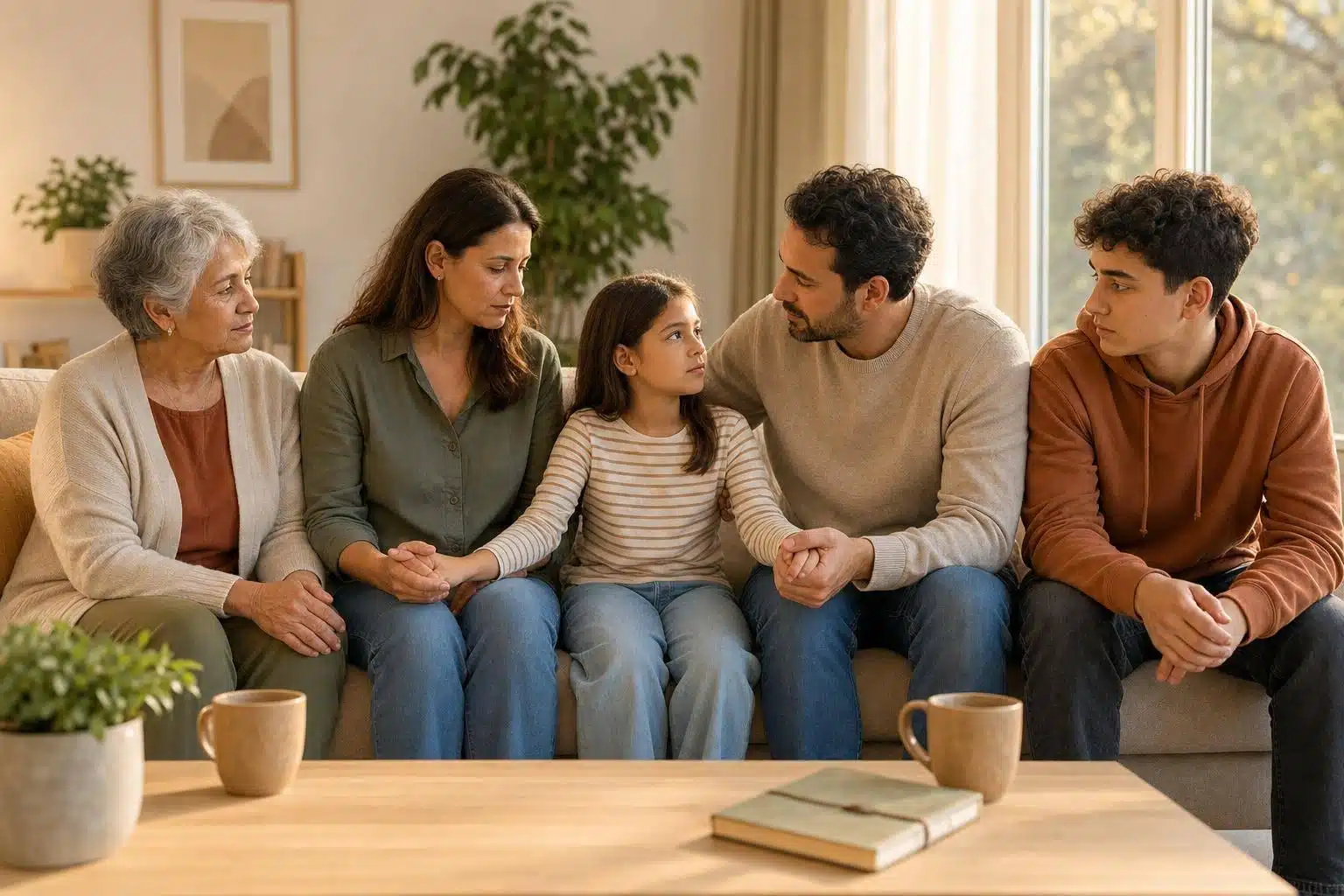 Family therapy session with multi-generational family, addressing trauma and communication patterns.