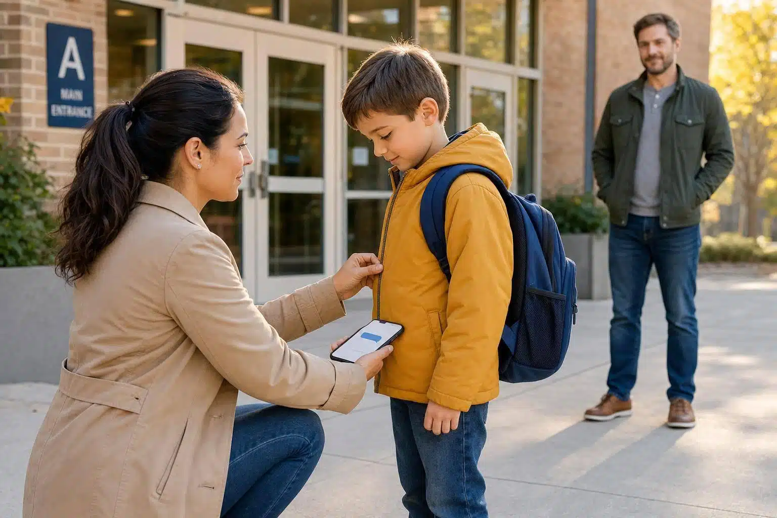 Mother and son at school entrance, addressing co-parenting triggers and boundaries.