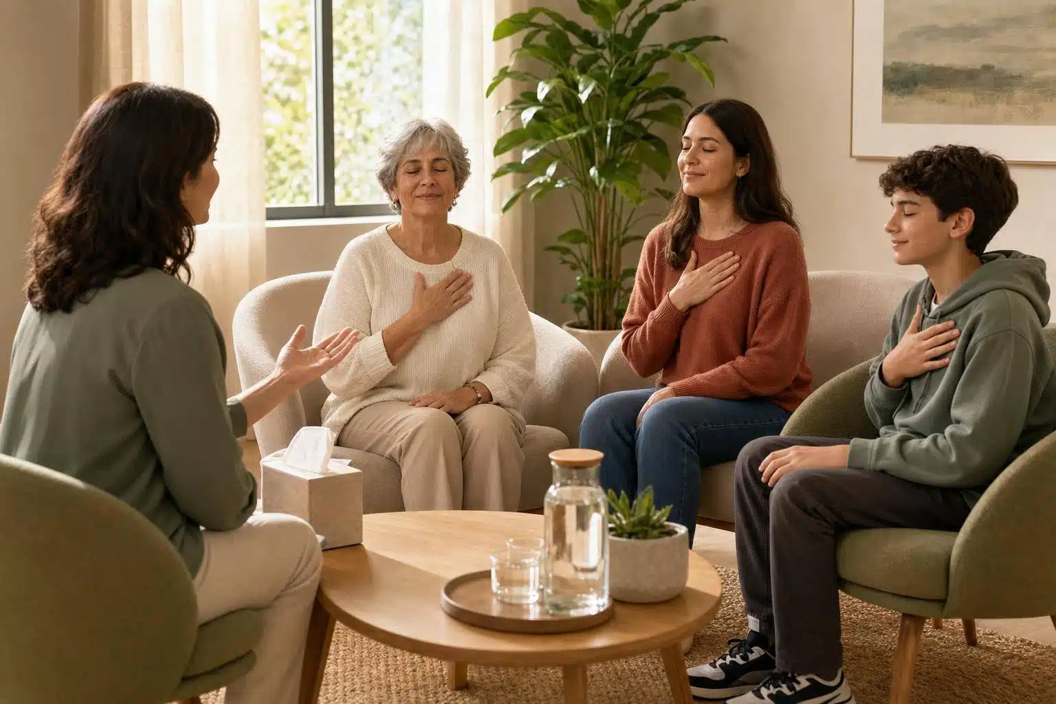 Family therapy session with trauma-informed approach, parents and children practicing regulation techniques.