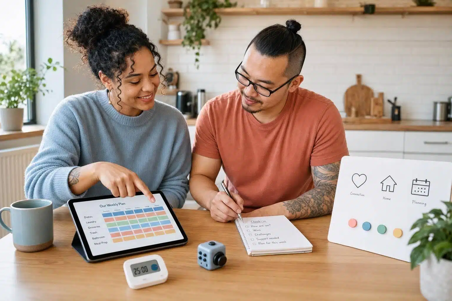 Couple planning together using tablet and checklist, supporting relational intelligence and shared goals.