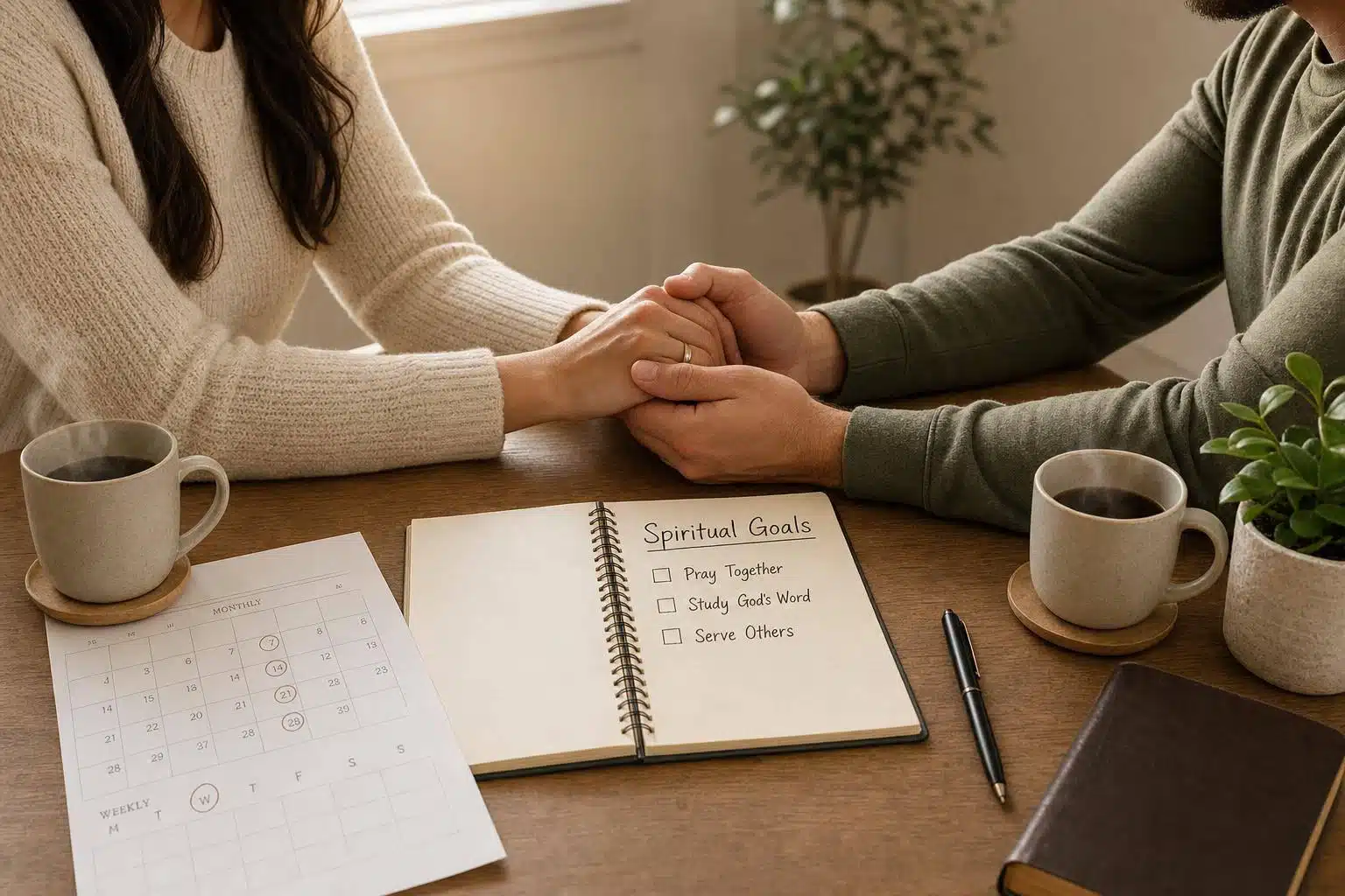 Couple holding hands with spiritual goals checklist and coffee cups on table.