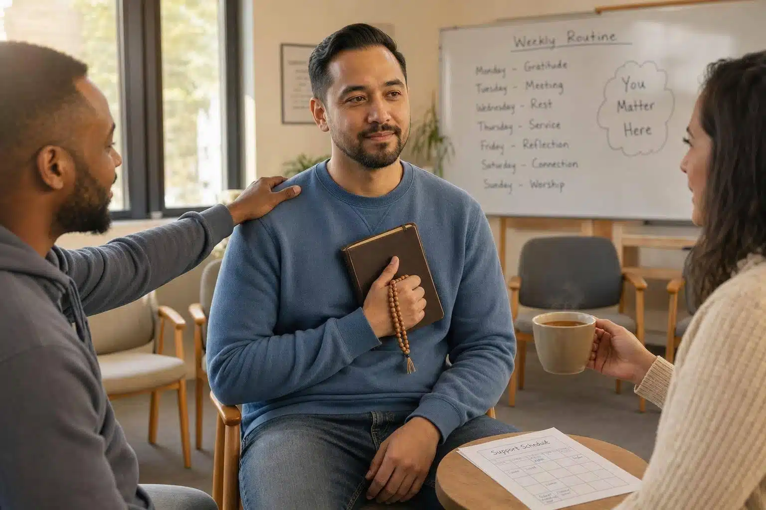 Man and therapist discussing faith and recovery, weekly routine whiteboard in background.