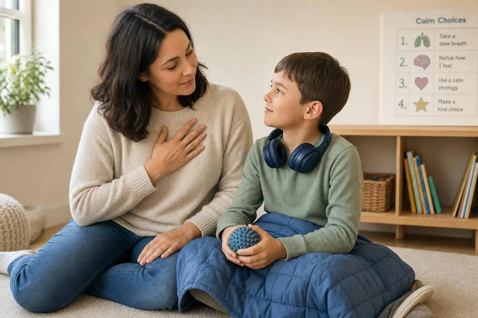 Mother and child practicing co-regulation techniques for ADHD, calm choices and mindful strategies.