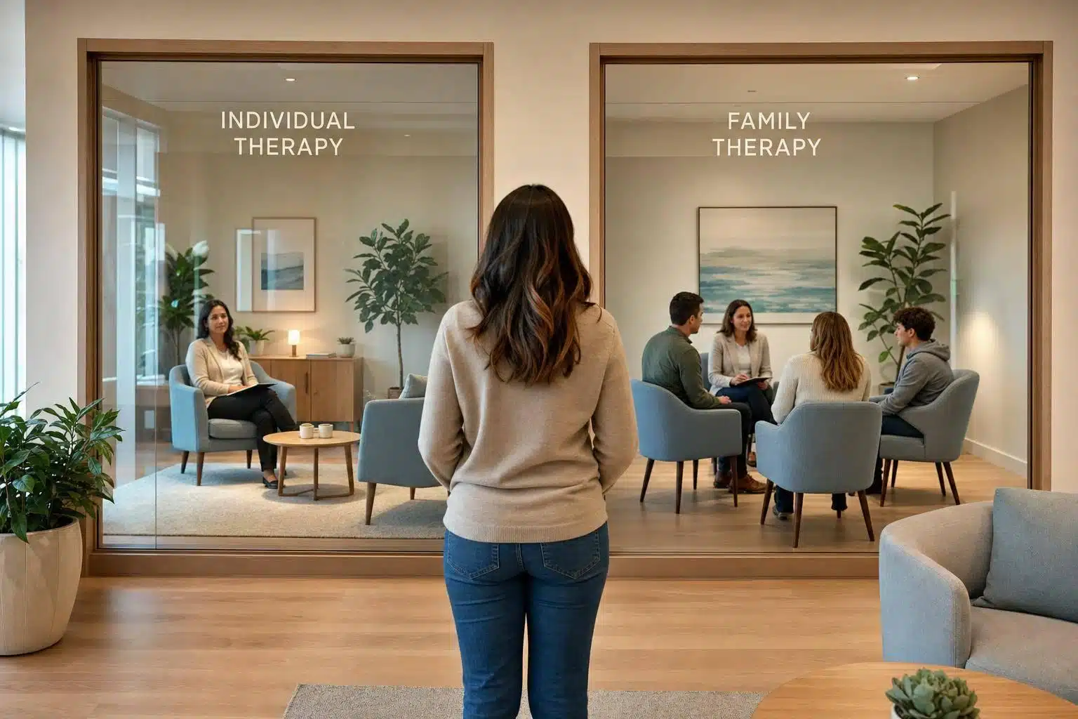 Therapy office reflection showing individual and family counseling sessions, supporting mental health recovery in Campbell,
