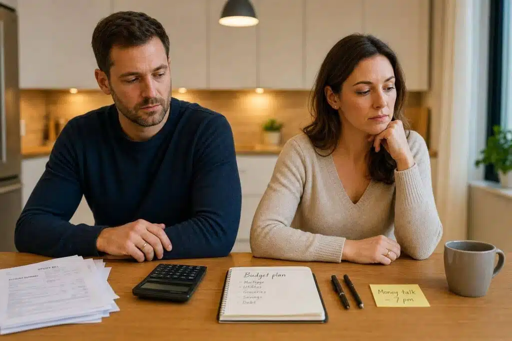 Couple discussing finances and budgeting in kitchen, illustrating financial stress and marriage counseling.