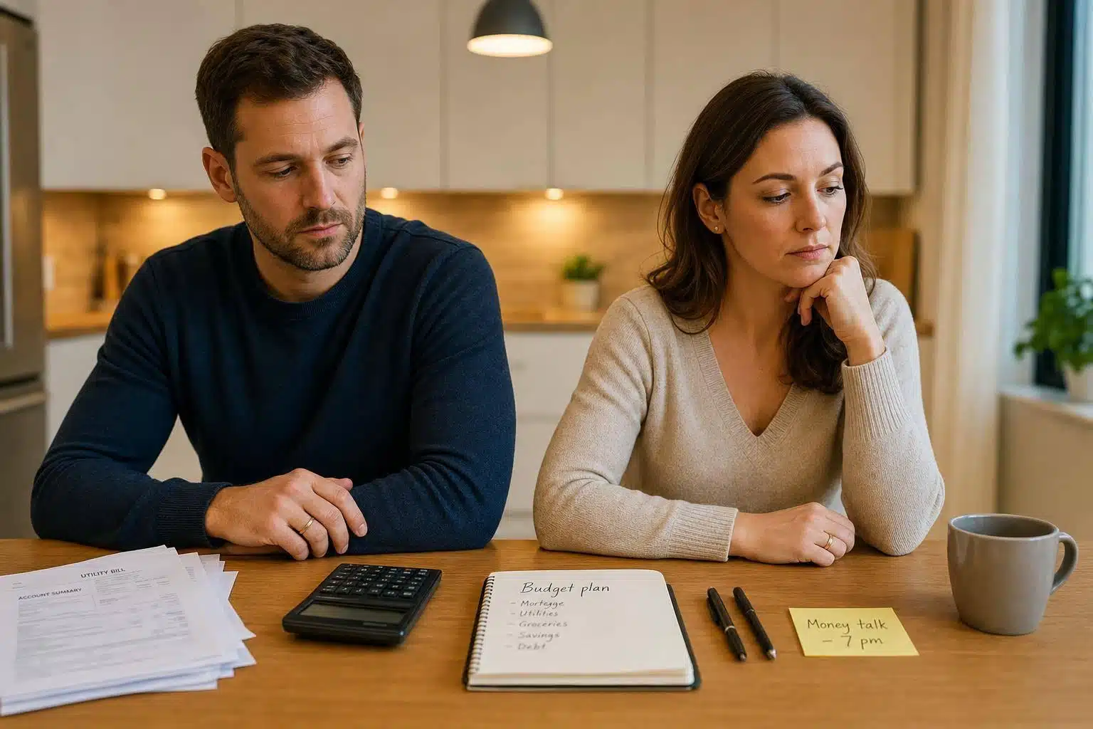 Couple discussing finances and budget plan, illustrating financial stress and marriage conflict.