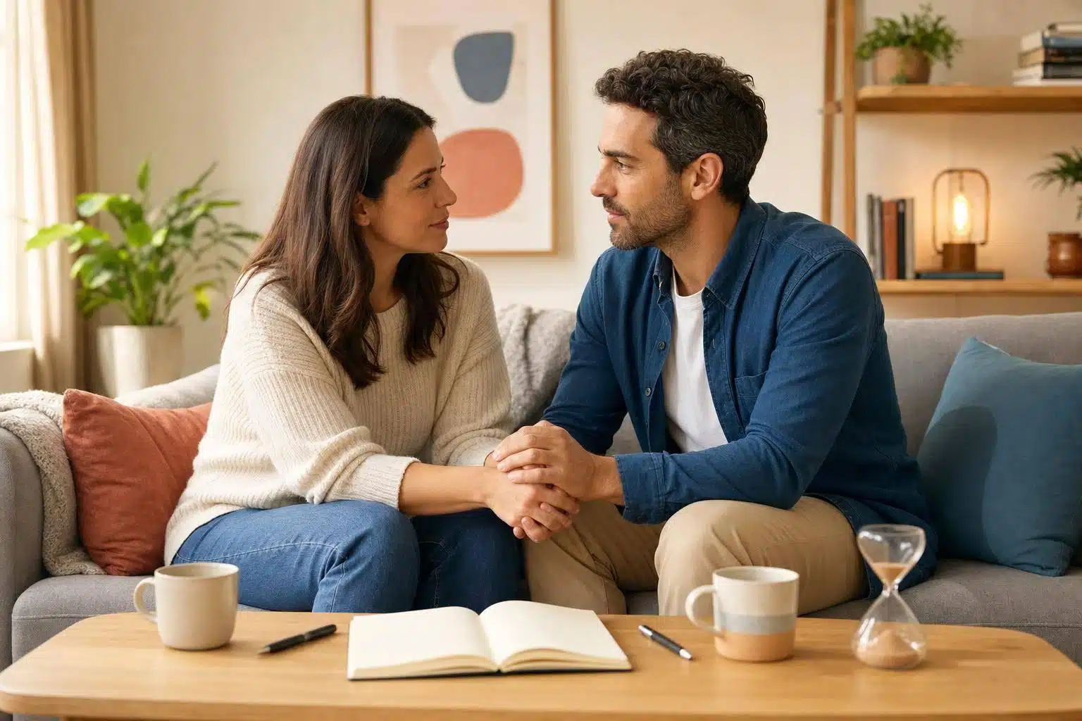 Couple holding hands discussing relationship challenges in a home setting.