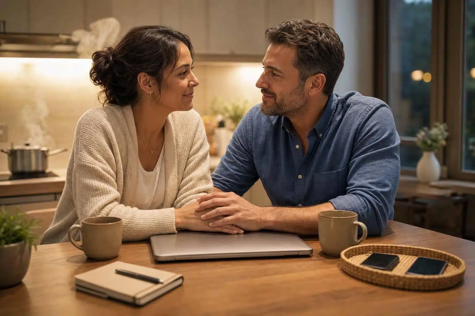 Couple connecting in kitchen, discussing marriage and work stress.