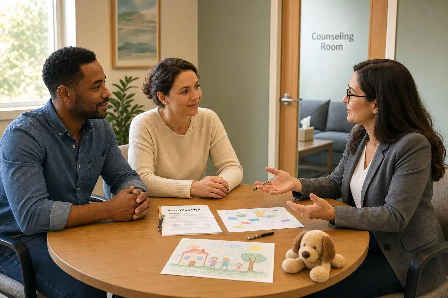 Couple and therapist discussing parenting plan in counseling room.