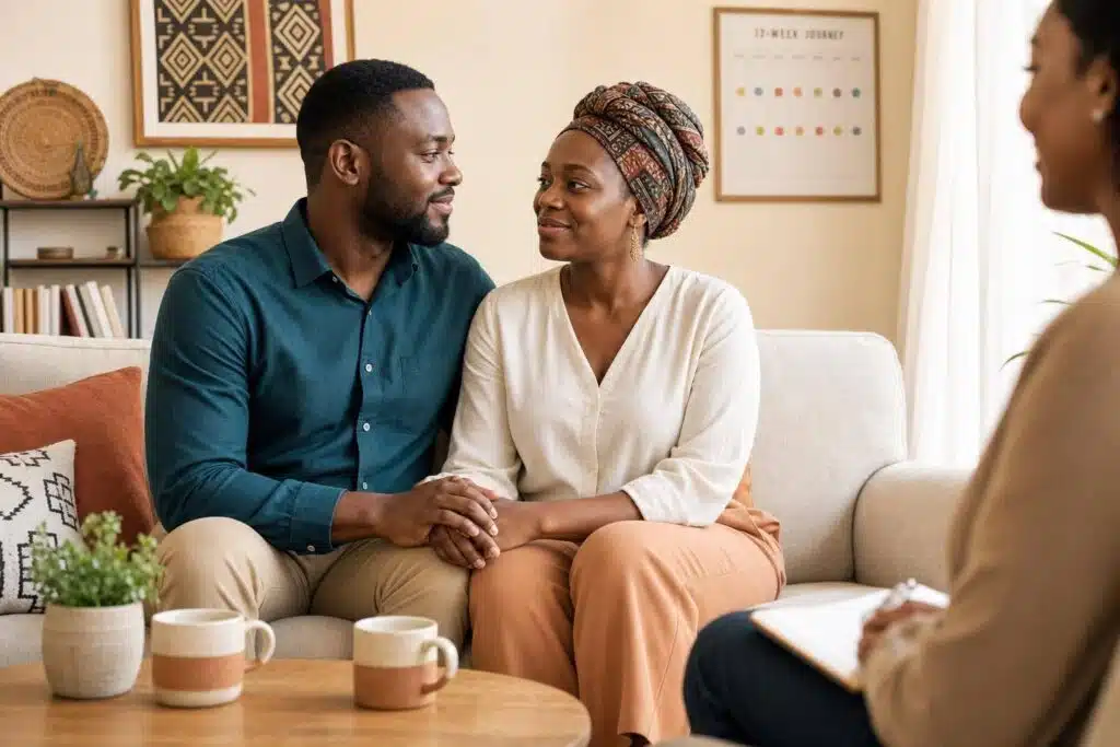 Couple in therapy session discussing marriage counseling and cultural considerations.