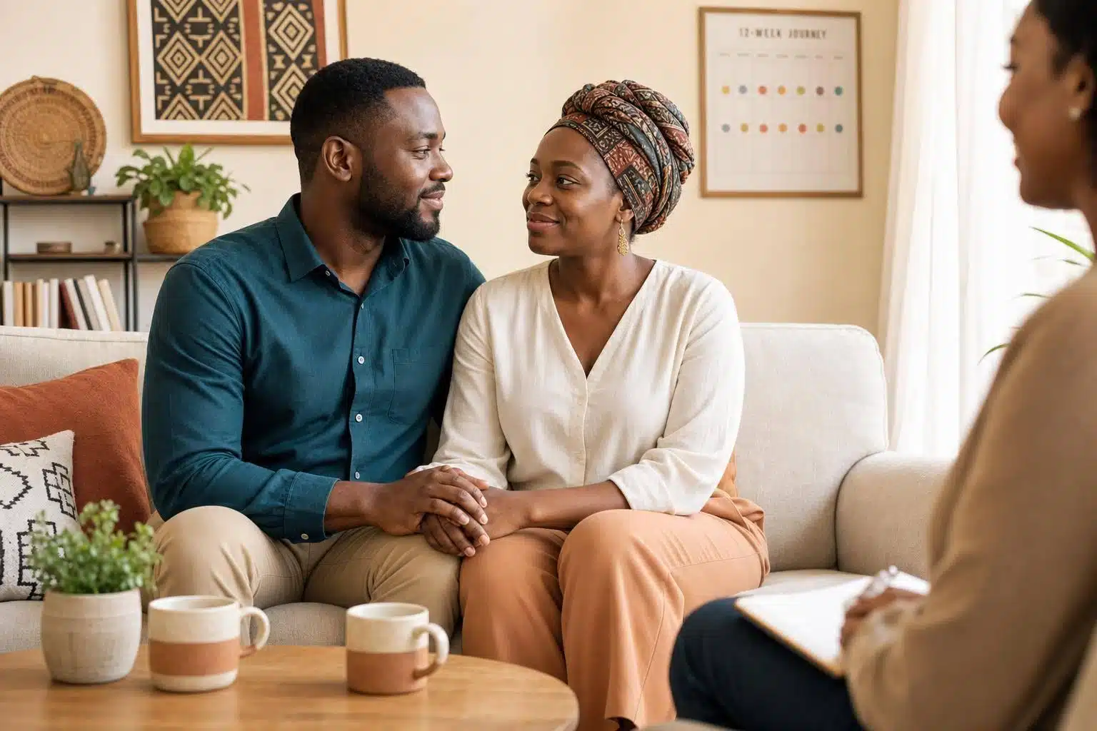 Couple in therapy session discussing marriage and family challenges.