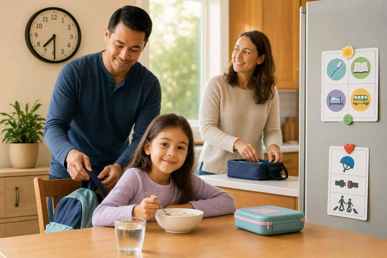 Family preparing for the day, supporting child well-being and predictable routines.