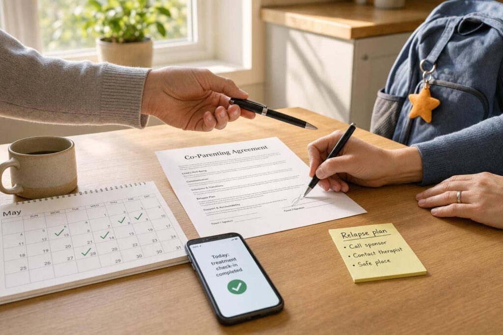 Co-parenting agreement document and calendar illustrating recovery plan and check-in reminders.