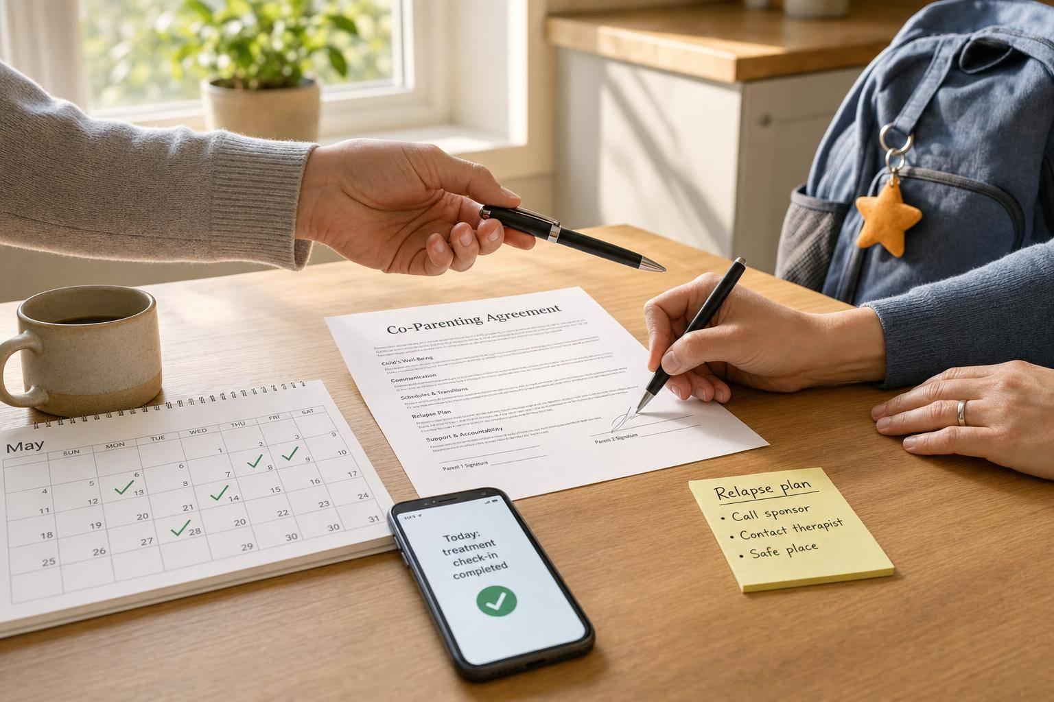 Co-parenting agreement and relapse plan documents with calendar and smartphone illustrating recovery parenting strategies.