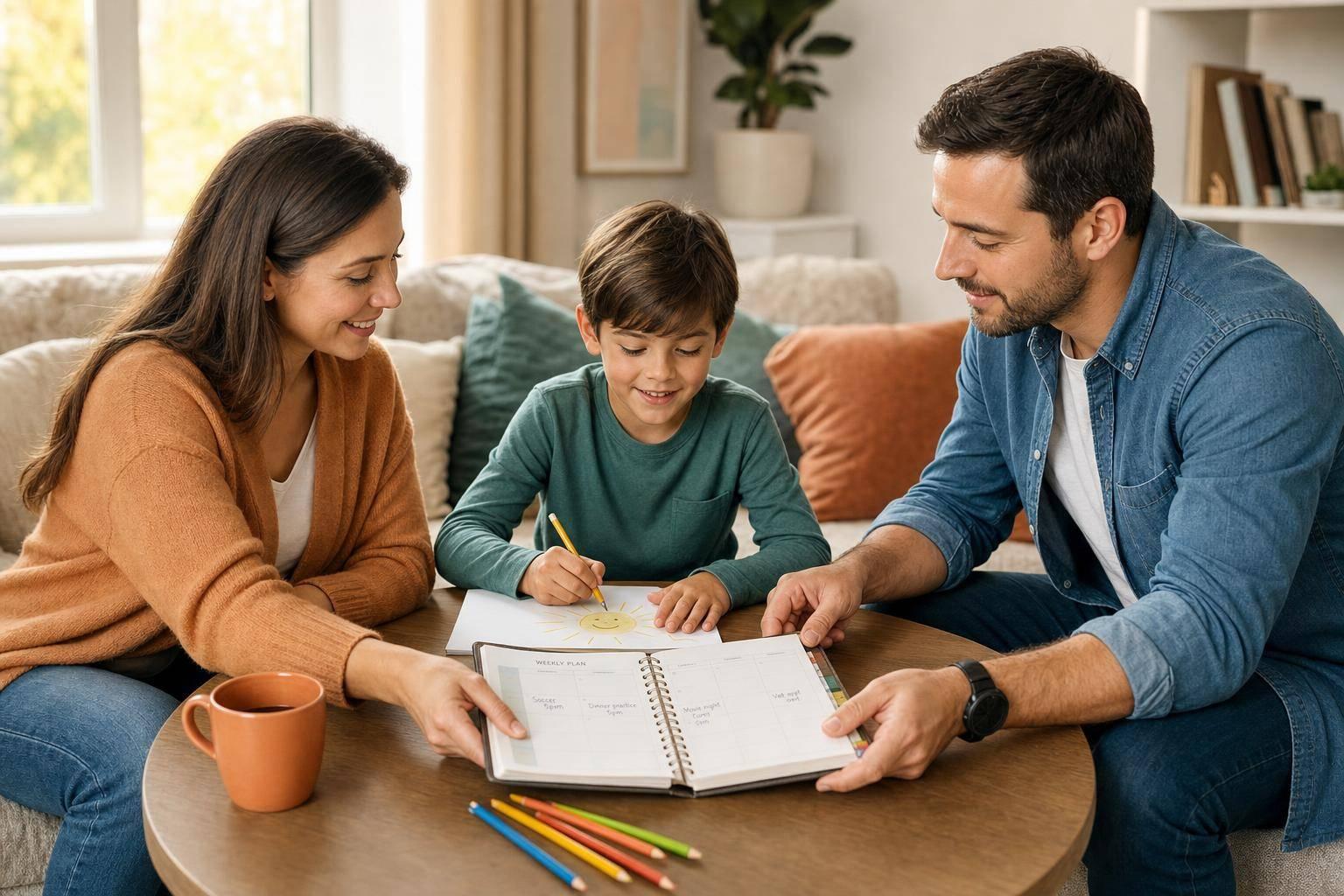 Family interacting with workbook, illustrating co-parenting and child stability.