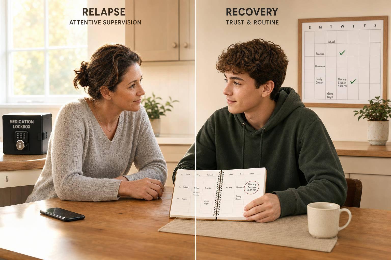 Relapse vs. recovery parenting: attentive supervision and trust, routine, therapy, and medication management.