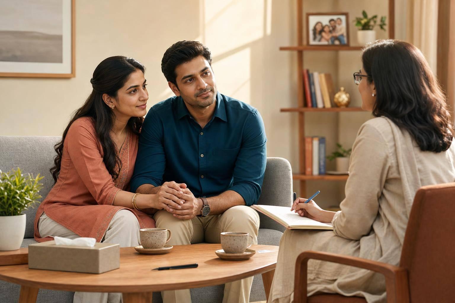 Couple in therapy session discussing relationship challenges and family dynamics.
