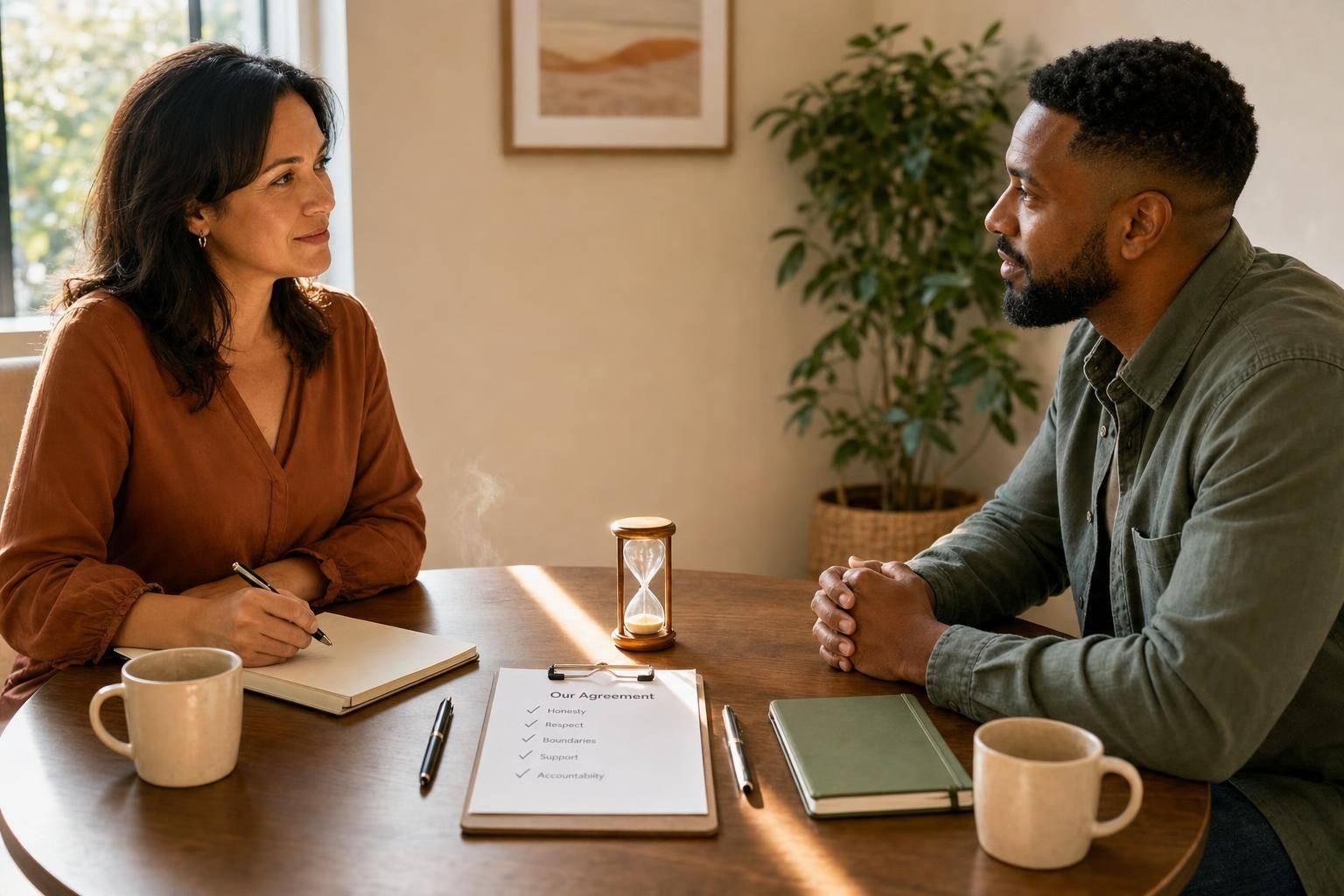 Couple in therapy session discussing communication and accountability.