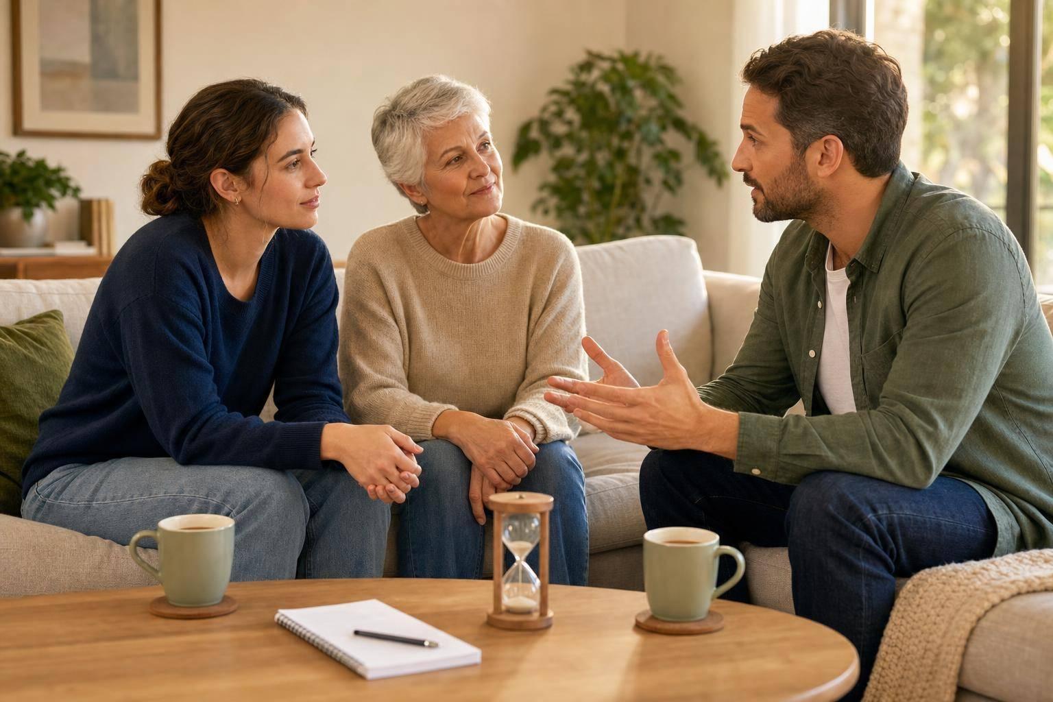 Family therapy session with therapist and family members discussing communication and relational skills.