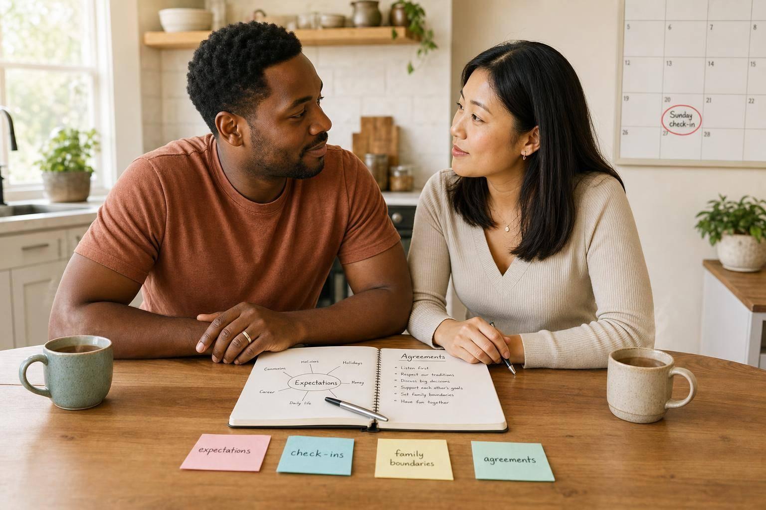 Couple discussing expectations and family boundaries during marriage counseling session.