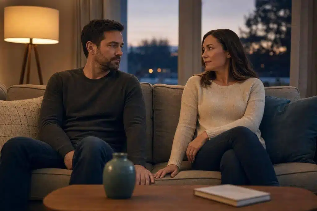 Couple engaged in conversation, illustrating communication challenges and rebuilding trust in marriage counseling, potentially addressing