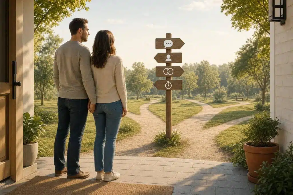 Couple holding hands looking at a wooden signpost with symbols for communication, family, and recovery