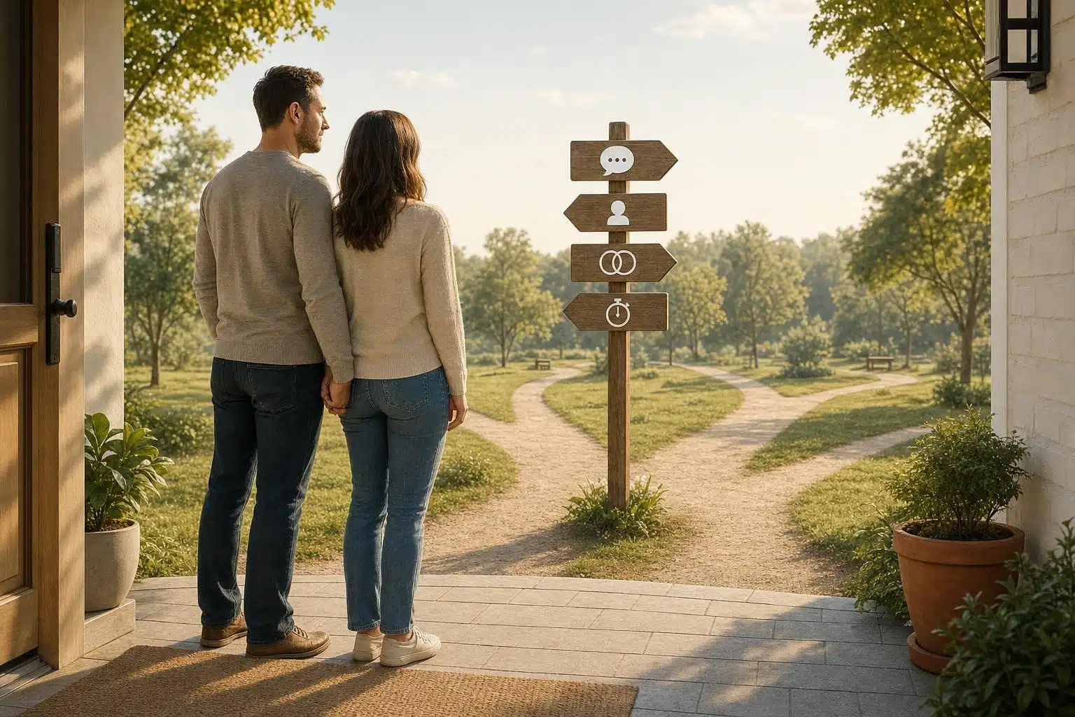 Couple standing before a wooden signpost with relationship symbols, representing choices in marriage counseling