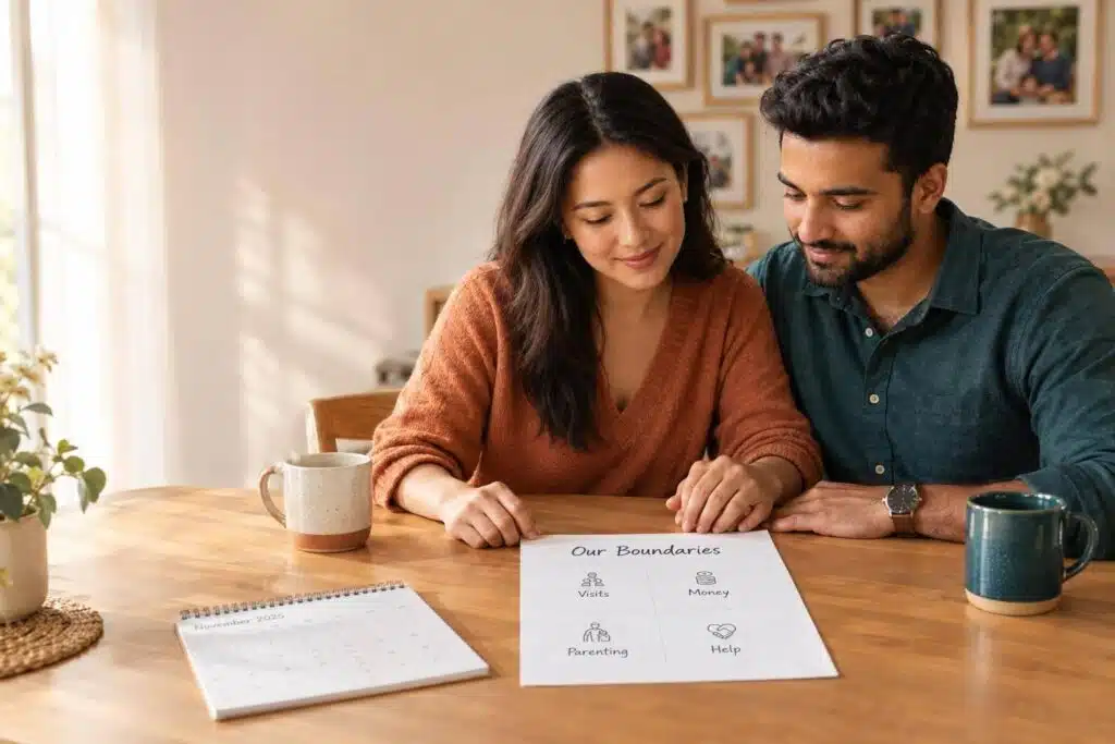Couple thoughtfully reviewing a list titled "Our Boundaries" regarding visits, money, parenting, and help, illustrating