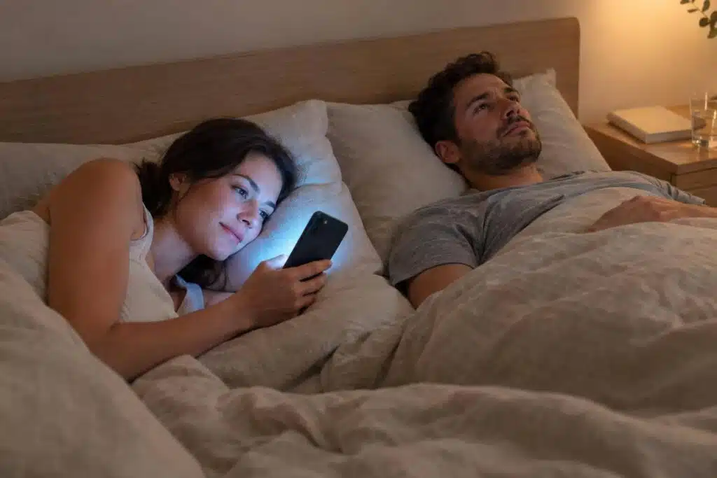 Couple in bed, with one partner looking at a smartphone, illustrating potential signs of smartphone