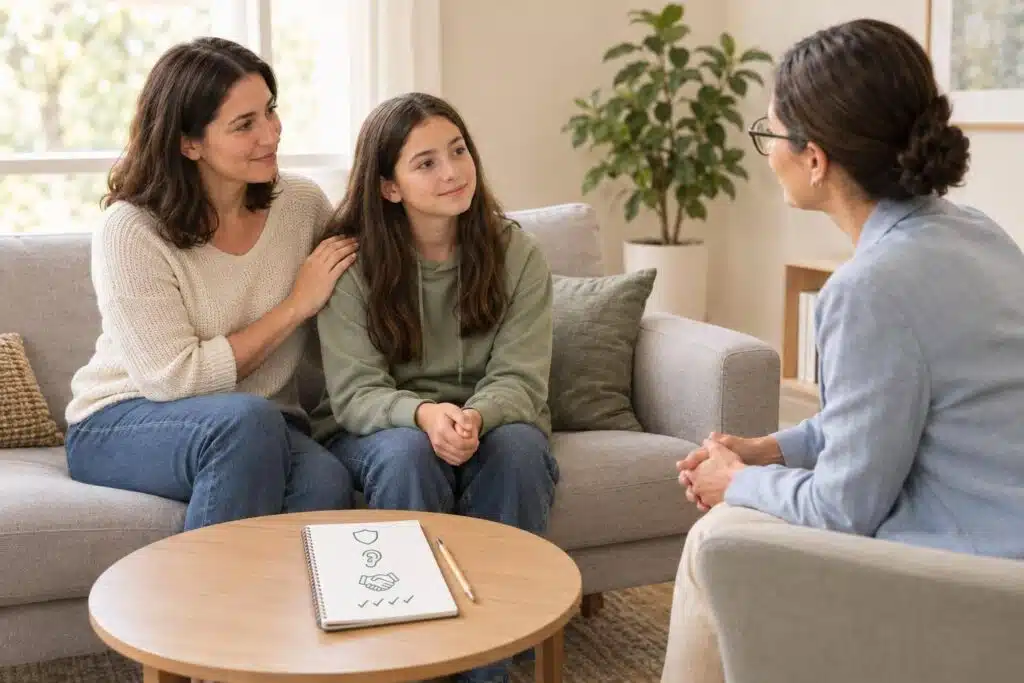 Mother and daughter sit with a therapist, illustrating family therapy sessions focused on rebuilding parent-child