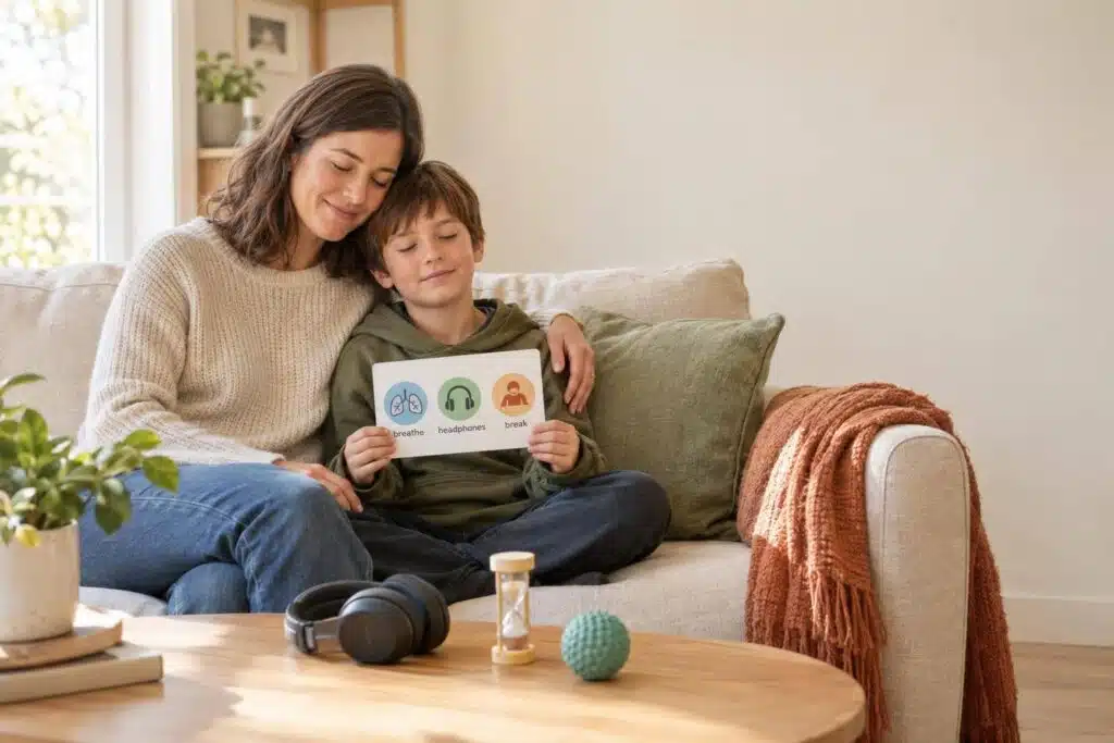 Mother and child on a sofa, demonstrating sensory regulation techniques for neurodiverse families, including headphones