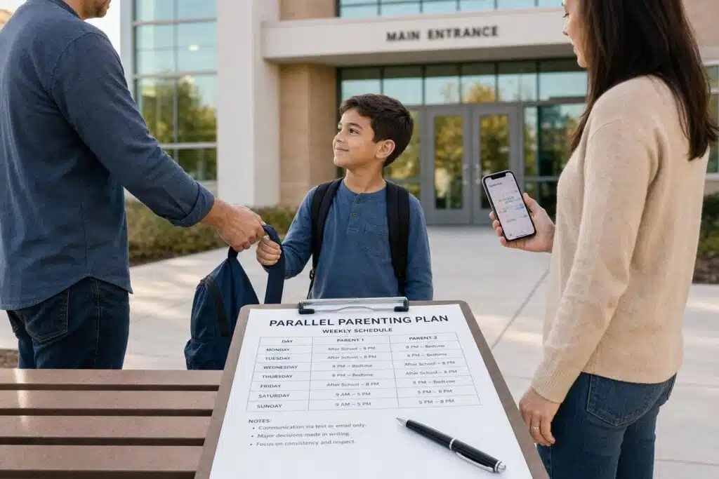 Parents discussing a parallel parenting plan with their child, demonstrating a structured approach to co-parenting