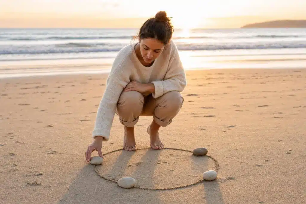 Woman thoughtfully observing a circle of stones on a sandy beach, symbolizing healing and boundary